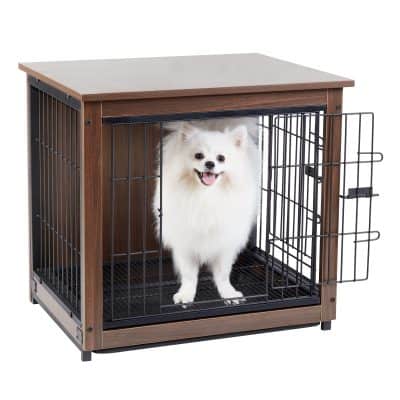 Cute white dog inside a wooden and metal pet crate, ideal for dog training and indoor use, featuring a spacious design for comfort.