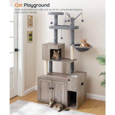 Modern cat tree with multiple levels, cozy hideouts, and scratching posts for cats, designed for indoor play and relaxation, featuring a neutral wood finish and stylish decor.