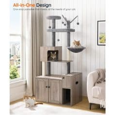 Multi-level cat tree and playhouse for cats, featuring cozy hideouts, scratching posts, and lounging platforms, perfect for cat entertainment and enrichment.