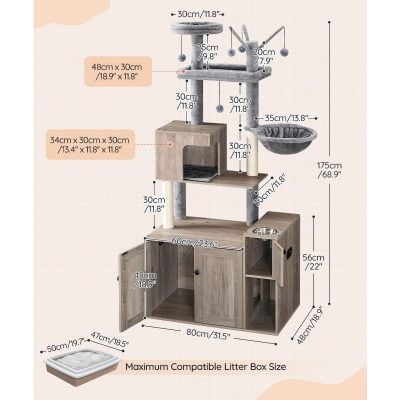 Multilevel cat tree and furniture with scratching posts, cozy hideouts, and integrated litter box cabinet, perfect for cats and small pets, designed for durability and fun.