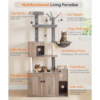 Multifunctional cat tree with multiple perches, scratching posts, and storage cabinets designed for indoor cats, offering play, relaxation, and organization.