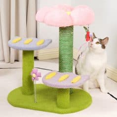 Colorful cat scratching post with multiple platforms, sisal-wrapped poles, and playful accessories, perfect for promoting pet enrichment and activity.