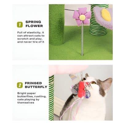 Colorful spring cat toy with fabric flower details and paper butterfly for entertainment and enrichment.