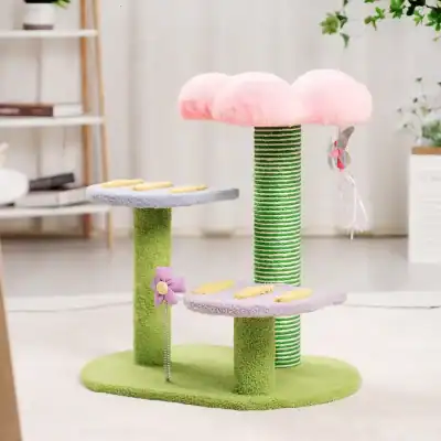 Colorful cat tree with pink clouds and green posts, ideal for pet entertainment and comfort.