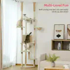 Multi-level cat tree with climbing platforms for pets, offering fun and exercise for cats of all ages. Designed to keep cats entertained and active indoors.