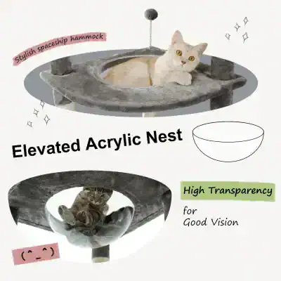 Elevated acrylic cat nest with high transparency for good vision, featuring a stylish spaceship hammock for indoor cats, promoting comfort and entertainment.