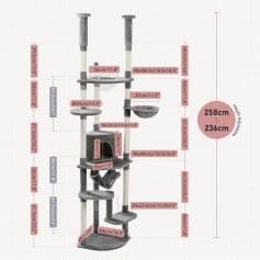 Modern cat tree with multiple platforms, scratching posts, and cozy hideouts, perfect for entertaining and grooming cats of all sizes. Adjustable height for optimal comfort.