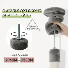 Adjustable cat scratching post with height range of 236cm to 258cm, suitable for various room heights and cats of all sizes. Features easy screw-tightening for secure setup and plush surfaces for comfort.