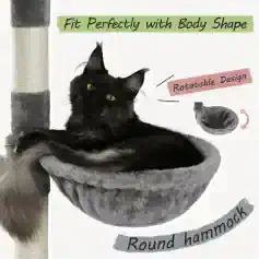 Black cat resting in a gray round hammock on a cat tree, showcasing a rotatable design for pet comfort.