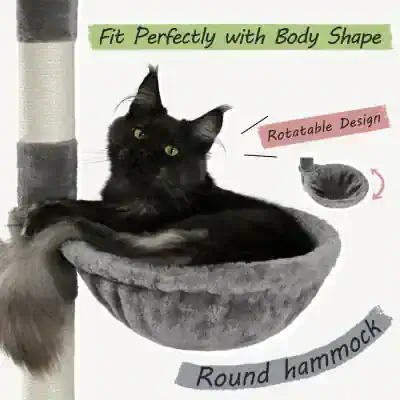 Black cat resting in a gray round hammock on a cat tree, showcasing a rotatable design for pet comfort.