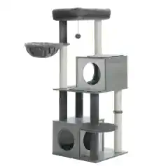 Luxury grey and beige multi-level cat tree with cozy perches, hiding spaces, and scratching posts for climbing and play. Perfect for entertaining and enriching your indoor cat's environment.