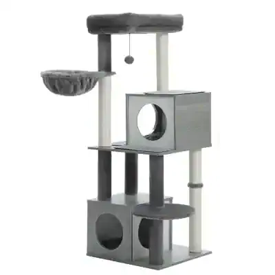 Luxury grey and beige multi-level cat tree with cozy perches, hiding spaces, and scratching posts for climbing and play. Perfect for entertaining and enriching your indoor cat's environment.
