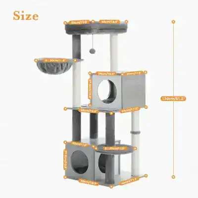 Elegant multi-level cat tree with cozy perches, cubbies, and scratching posts, ideal for creating a fun and comfortable space for cats at Monalisa Store. Perfect for pet lovers seeking stylish cat furniture.