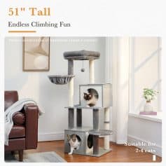 Luxurious multi-level cat tree with cozy perches and enclosed spaces, ideal for 2-4 cats, perfect for modern and traditional home decor, enhancing feline comfort and entertainment.