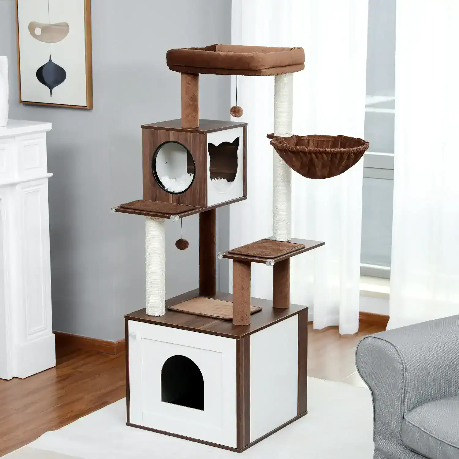 Custom Cat Tree for Pets, Multi-level Cat Tower with scratching posts, cozy hideouts, and perches for cats to play, rest, and climb comfortably. Designed for feline entertainment and enrichment.