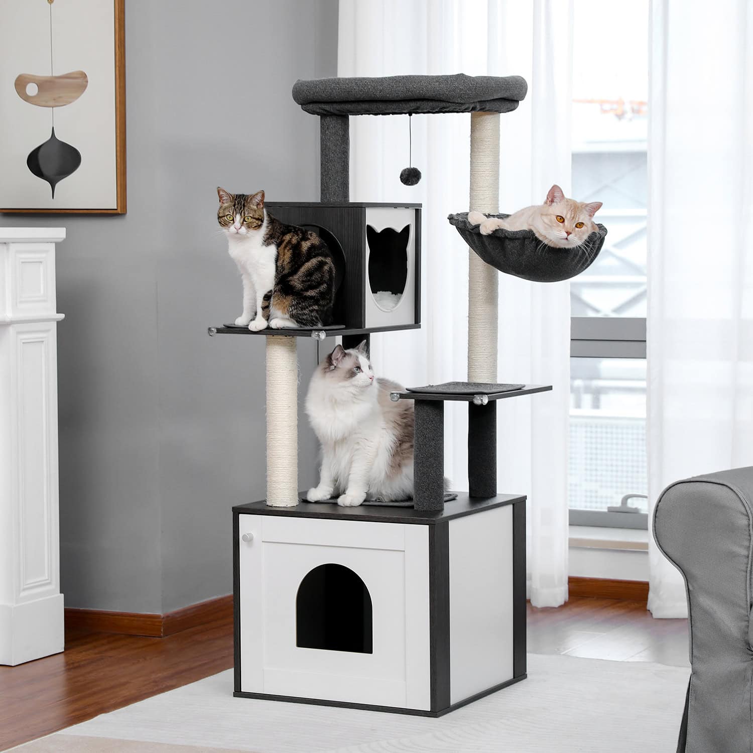 Modern multi-level cat tree with cozy perches, scratching posts, and hiding spots designed for indoor cats, perfect for entertainment and rest.