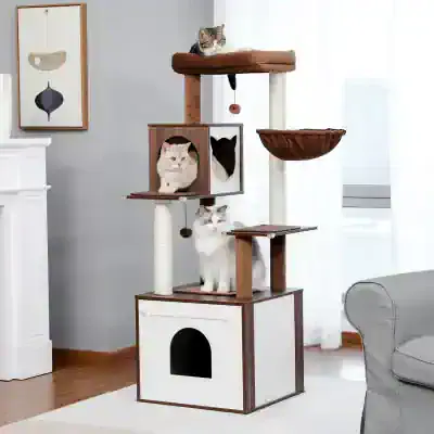Colorful multi-level cat tree with cozy hideouts and perches for indoor cats, featuring sisal-covered scratching posts, ideal for pet enrichment and play.
