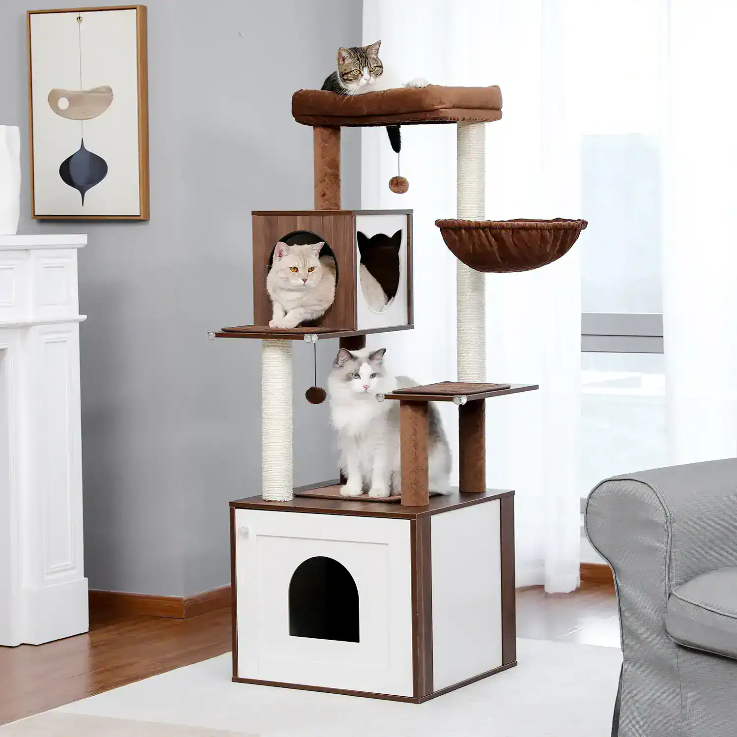 Colorful multi-level cat tree with cozy hideouts and perches for indoor cats, featuring sisal-covered scratching posts, ideal for pet enrichment and play.