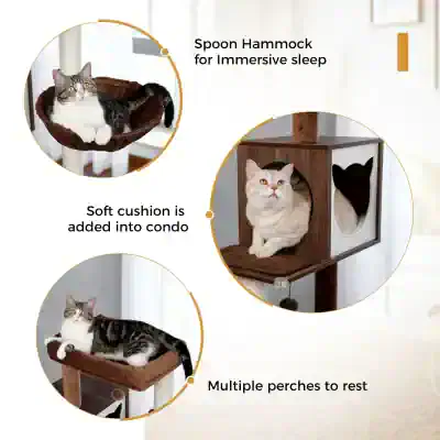 Scented hamster hammock and multi-level cat condo with soft cushions and multiple perches for cozy pet lounging and resting.