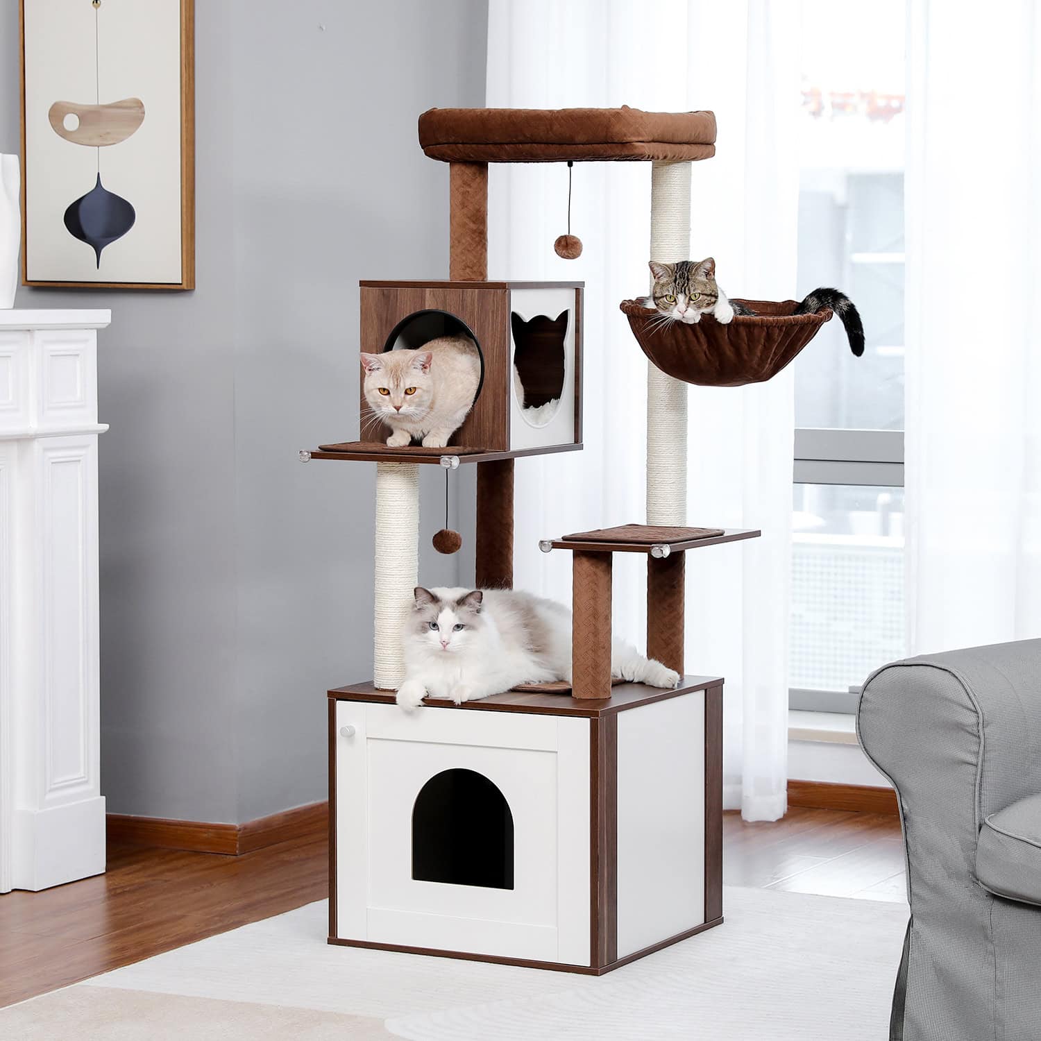 Multi-level cat tree with cozy hideouts and hanging toys, perfect for indoor cats to play, rest, and scratch, enhancing your feline's comfort and activity at home.