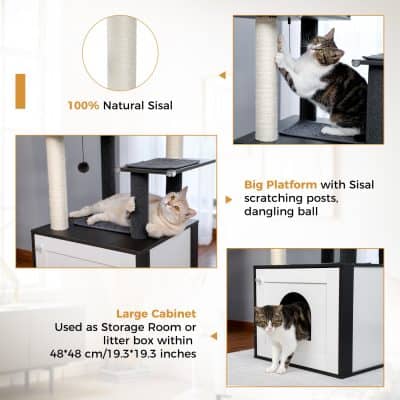Scratching cat tree with sisal posts and durable cabinet, ideal for entertaining cats and storing accessories, promoting healthy scratching habits and providing a cozy hiding spot.