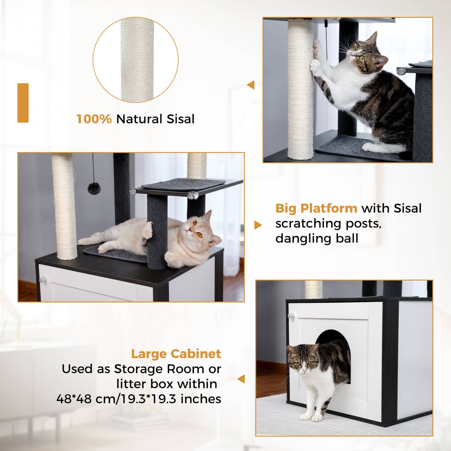 Scratching cat tree with sisal posts and durable cabinet, ideal for entertaining cats and storing accessories, promoting healthy scratching habits and providing a cozy hiding spot.