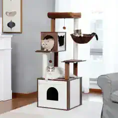 Multi-level indoor cat tree with cozy perches, cubbies, scratching posts, and hideouts, designed for entertainment and comfort for cats. Perfect for playful cats to relax and explore.