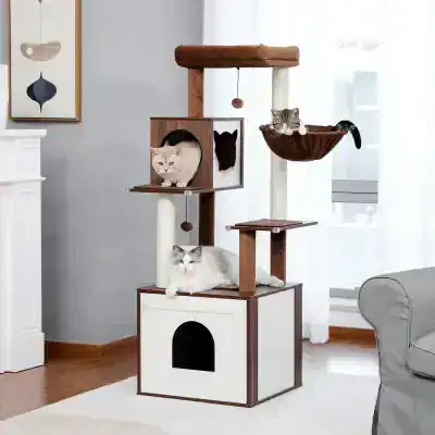 Multi-level indoor cat tree with cozy perches, cubbies, scratching posts, and hideouts, designed for entertainment and comfort for cats. Perfect for playful cats to relax and explore.