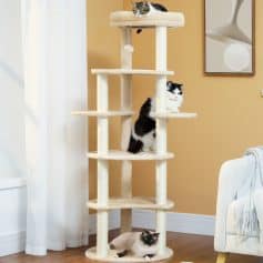 Fluffy cat tree for pets with multiple levels and scratching posts, ideal for cats to climb and play, located in a cozy living room setting with kittens and elegant wall art.