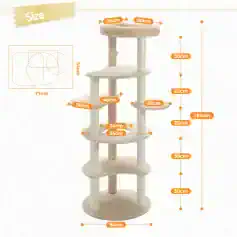 Aesthetic beige multi-level cat tree with various platforms and sisal-covered scratching posts for cats to play and rest, perfect for home or pet store displays.