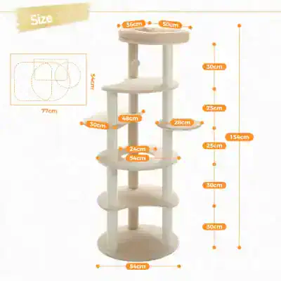 Aesthetic beige multi-level cat tree with various platforms and sisal-covered scratching posts for cats to play and rest, perfect for home or pet store displays.