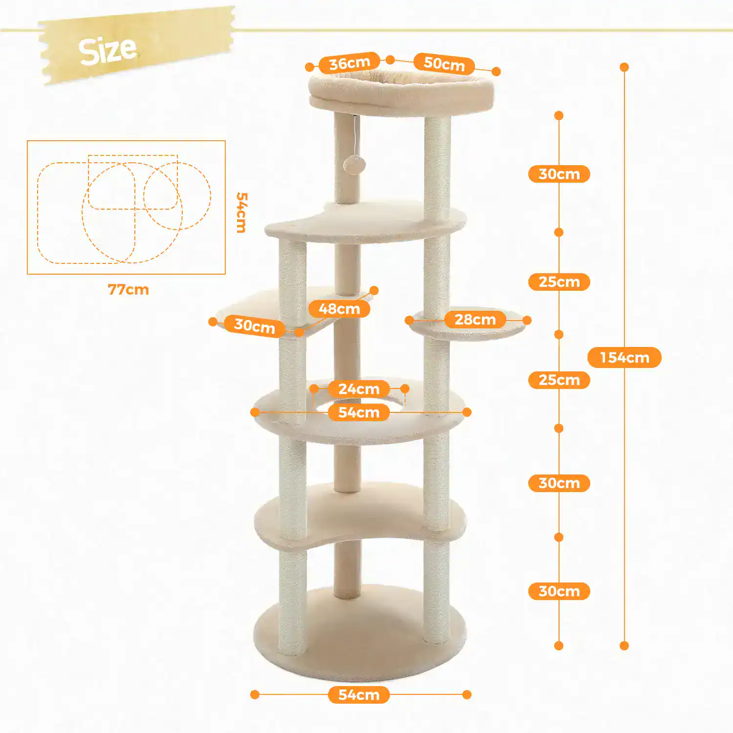 Aesthetic beige multi-level cat tree with various platforms and sisal-covered scratching posts for cats to play and rest, perfect for home or pet store displays.