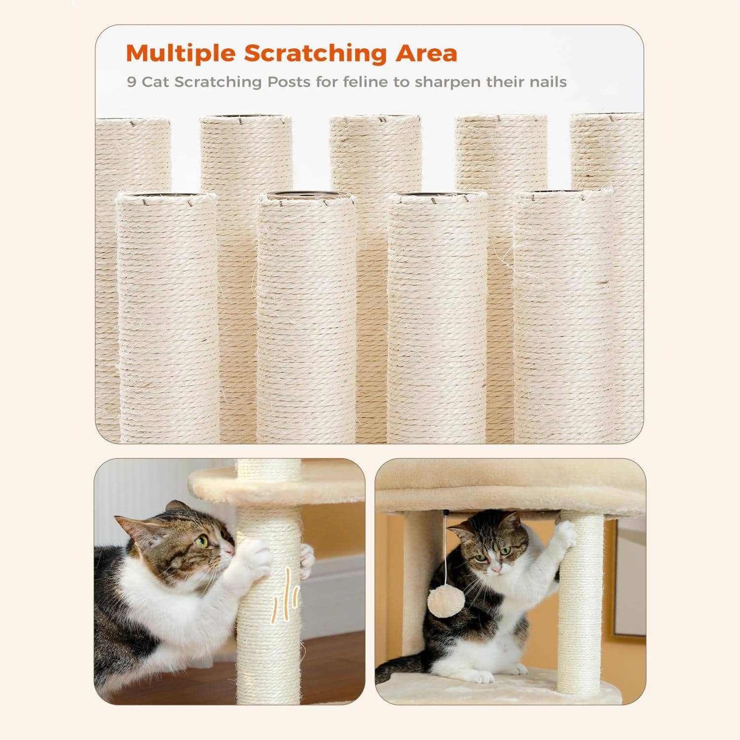 Scratching posts for cats, multiple scratching areas for feline nail sharpening, perfect for cat care, featuring sisal-covered posts, and engaging cat furniture from Monalisa Medical.