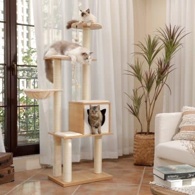 Beautiful indoor cat tree with multiple platforms and cozy hideouts, perfect for pet cats to play and rest in a stylish home environment. Includes tall scratching posts and a spacious cubby.