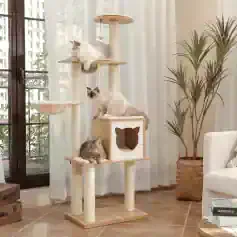 Luxurious multi-level cat tree with cozy perches, scratching posts, and hiding spots from Monalisa Store, perfect for cats to play, climb, and relax in stylish home environments.