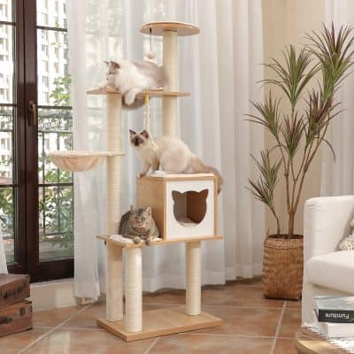 Luxurious multi-level cat tree with scratching posts, cozy hideouts, and lounging platforms, perfect for feline entertainment and enrichment, placed in a bright living space with natural light.