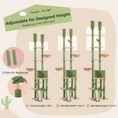 Adjustable green cat tree with multiple platforms, cozy hideouts, and scratch posts, ideal for pets' enrichment and exercise, available in various heights.