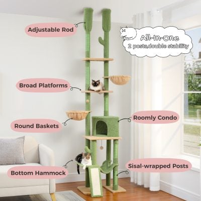 - A tall green cat tree with multiple platforms, baskets, and posts in a bright room, designed for cats' play and relaxation.