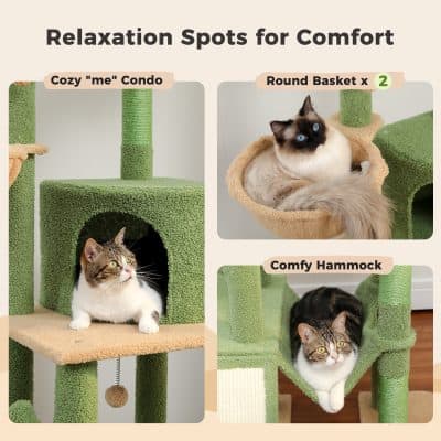 Cat and kitten playing on pet tree, cat condo, and hammock, cozy animal furniture, modern pet climbing tree for cats, multi-level cat playhouse, Monalisa Store pet accessories.