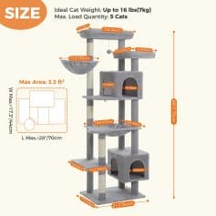 Luxurious multi-level gray cat tree with spacious platforms, cozy hideouts, and sisal-wrapped scratching posts for climbing and play. Perfect for indoor cats to relax and exercise.