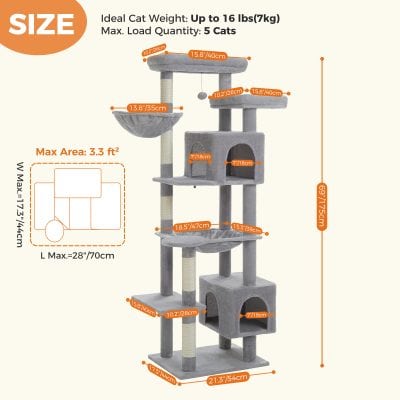 Luxurious multi-level gray cat tree with spacious platforms, cozy hideouts, and sisal-wrapped scratching posts for climbing and play. Perfect for indoor cats to relax and exercise.