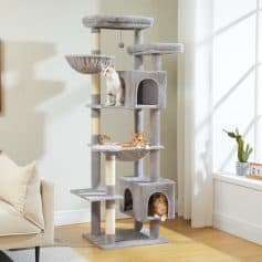 Luxurious gray multi-level cat tree with cozy cubbies and platforms, perfect for indoor cats to play, scratch, and rest, adding style and functionality to any pet-friendly home.