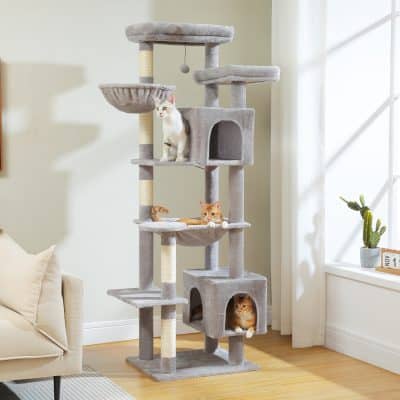 Luxurious gray multi-level cat tree with cozy cubbies and platforms, perfect for indoor cats to play, scratch, and rest, adding style and functionality to any pet-friendly home.
