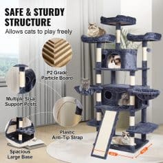 Comfortable, durable cat tree with multiple levels, sisal support posts, and anti-tip straps for enhanced safety, perfect for active cats to play and rest.