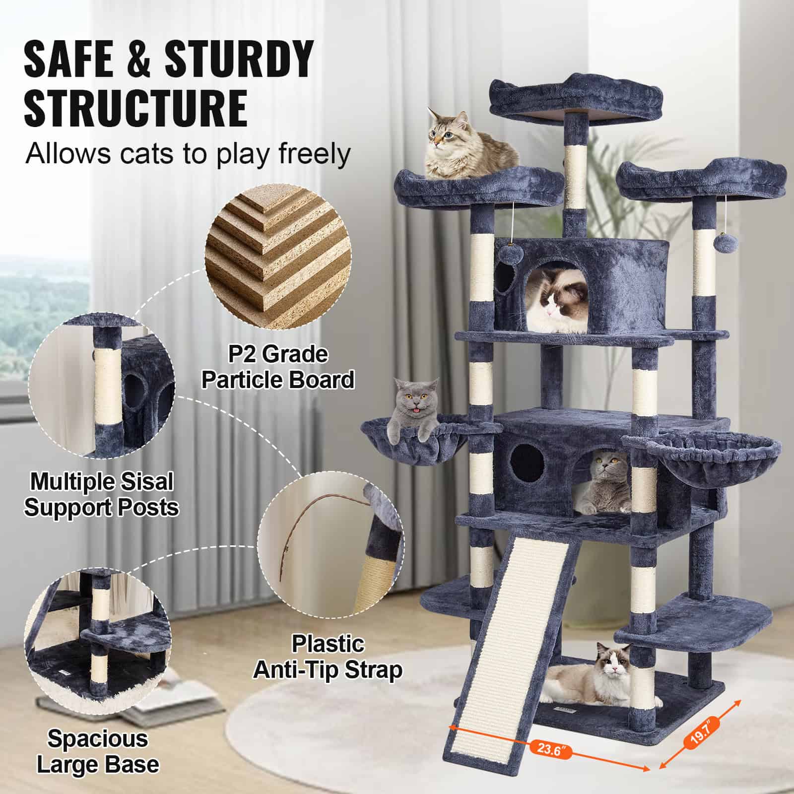 Comfortable, durable cat tree with multiple levels, sisal support posts, and anti-tip straps for enhanced safety, perfect for active cats to play and rest.