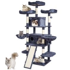 Multi-level cat tree with scratching posts, cozy hideouts, and fun perches for your cats to climb, play, and relax, ideal for enhancing indoor feline entertainment and enrichment.