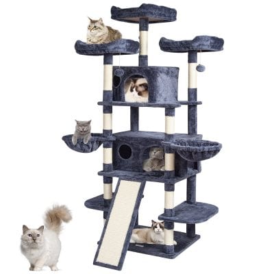 Multi-level cat tree with scratching posts, cozy hideouts, and fun perches for your cats to climb, play, and relax, ideal for enhancing indoor feline entertainment and enrichment.