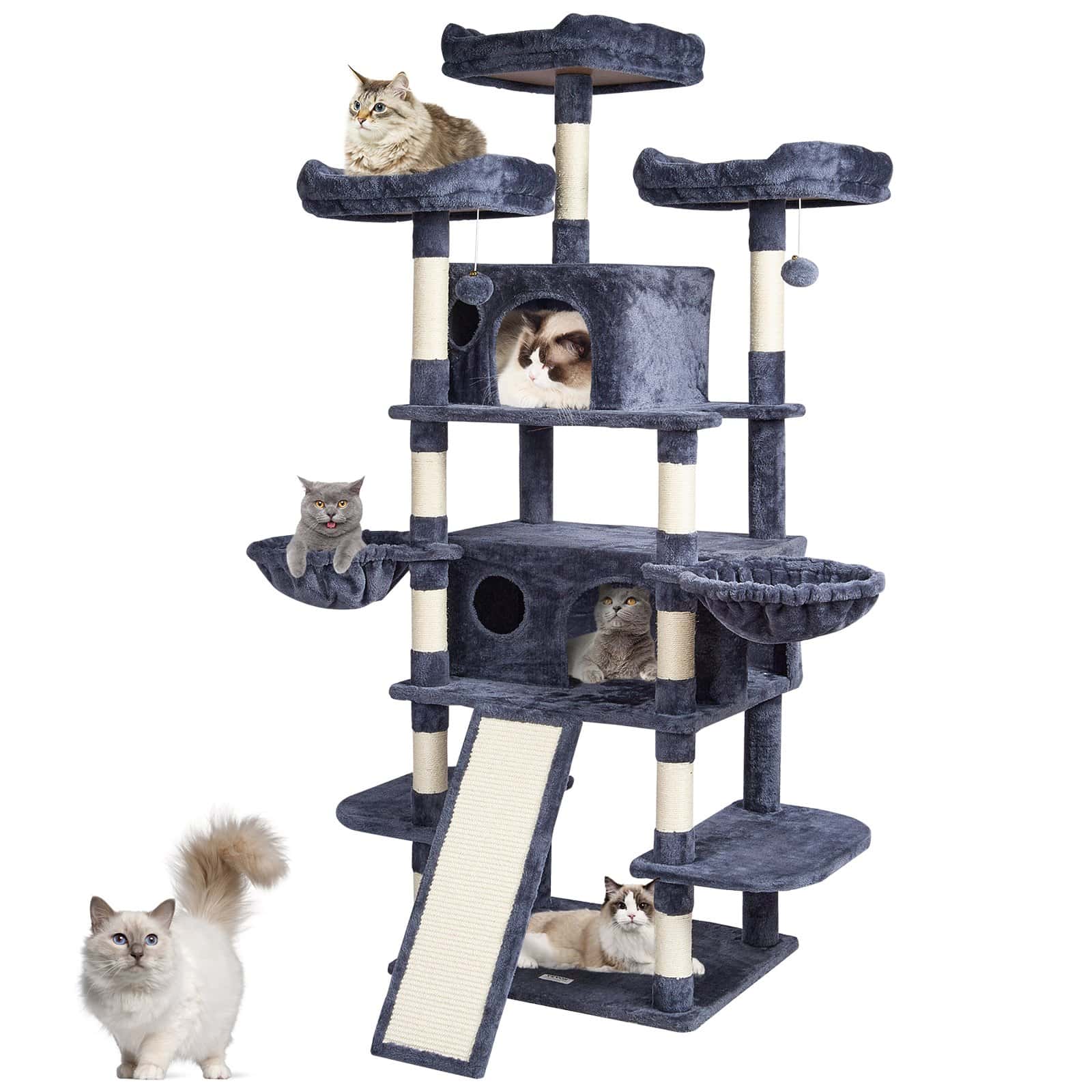 Multi-level cat tree with scratching posts, cozy hideouts, and fun perches for your cats to climb, play, and relax, ideal for enhancing indoor feline entertainment and enrichment.