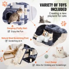 Soft plush cat tree with dangling toy for playful cats and natural sisal scratching post for healthy claws. Includes a 2-in-1 ramp for climbing and scratching activities, ideal for feline entertainment and exercise.