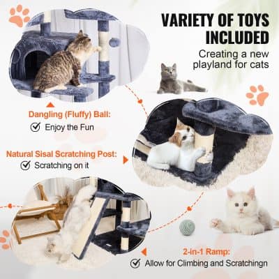 Soft plush cat tree with dangling toy for playful cats and natural sisal scratching post for healthy claws. Includes a 2-in-1 ramp for climbing and scratching activities, ideal for feline entertainment and exercise.
